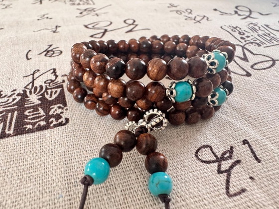 Image 1 of Handmade Natural Dark Rosewood Mala Bracelet 108 Beads Meditation Protection Calming Energy Buddhist Prayer Wooden Necklace