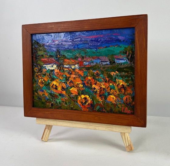 Image 1 of Original Oil Painting Evening Village Landscape Village life in the summer