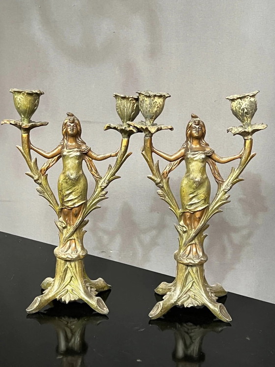 Paire de chandeliers anciens Art Nouveau. – Bougeoirs et chandeliers, Metal (photo 4 of 7)