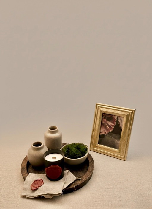 Wabi-Sabi Decor Set: Stoneware Vases, Wooden Tray & Patinated Frame