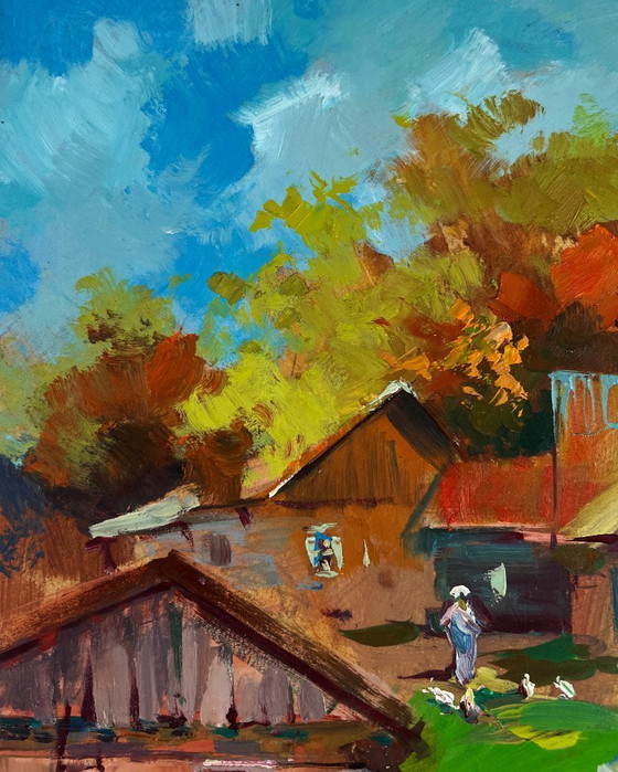 Image 1 of Original Oil Painting Rural Life Landscape Work on a summer day in the village