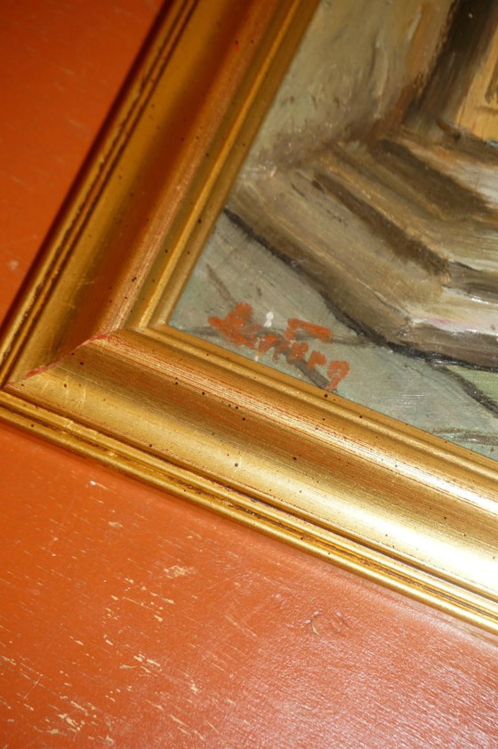 Image 1 of vintage architectural painting * signed framed oil painting * european doorway scene * mid-century artwork