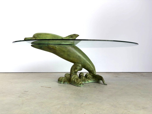 Table basse dauphin en laiton, années 1970 - France – salontafels, Glass, Brass