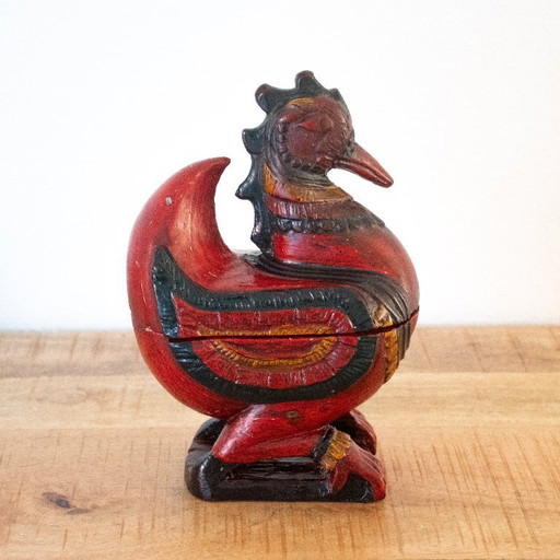 Statuetta vintage in legno raffigurante un drago/gallo, in una scatola unica, arte popolare asiatica.