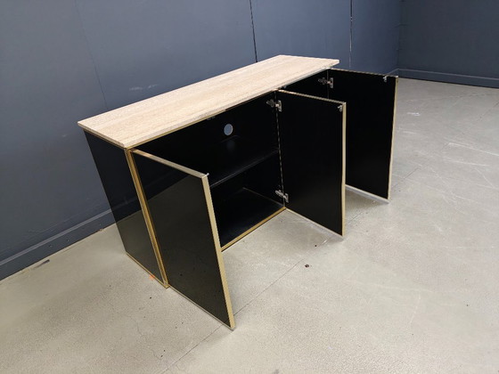 Image 1 of Credenza vintage in travertino e laccato nero, anni '80