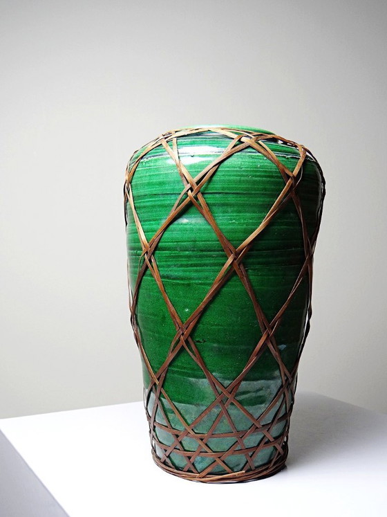 Image 1 of Antique Japanese green ceramic vase with Awaji Yaki bamboo lacing, 1900-1930