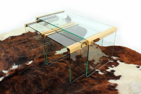 Image 1 of As New! Gallotti & Radice T35 R Coffee Table Set, Gold Edition, Set of Tables, Italy 1975, Crystal Glass