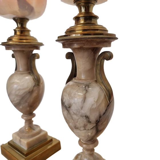 Image 1 of Antique French oil lamps on marble urn, 2nd half 19th century