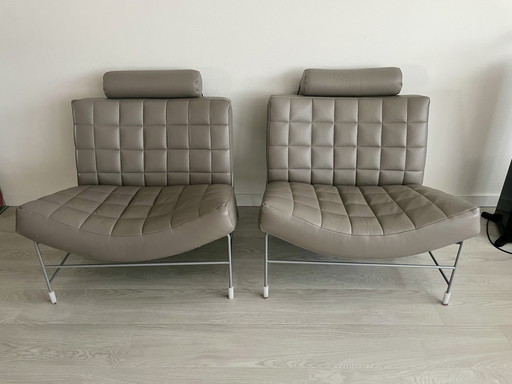 2 x Leolux Fauteuil Volare Cuir Senso Mist plus Tabouret Volare