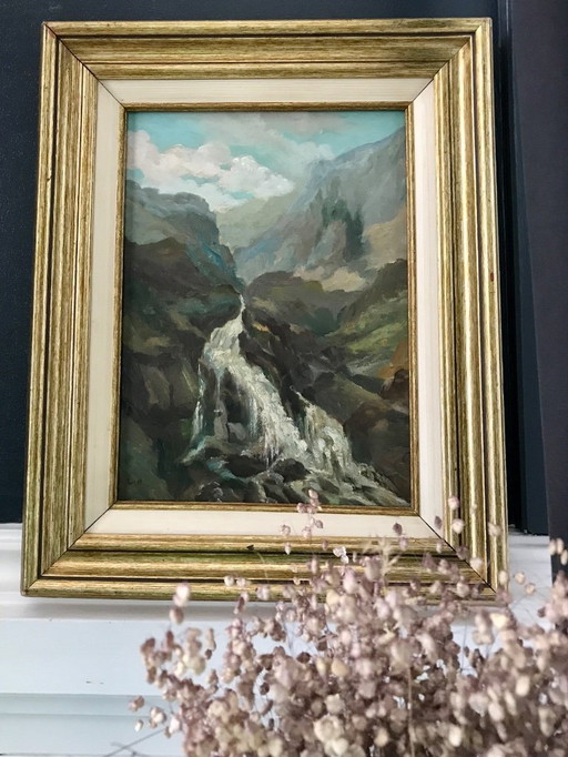 Oil on canvas mountain landscape waterfall