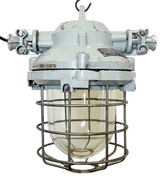 Grey Industrial Bunker Ceiling Light with Iron Cage from Elektrosvit, 1970s
