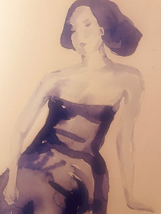 Tableau signé portrait féminin « robe de soirée bleue nuit » – Peintures et dessins, Papier (photo 6 of 10)
