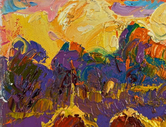 Image 1 of Original Oil Painting Autumn Evening Landscape Light fades in the embrace of silence