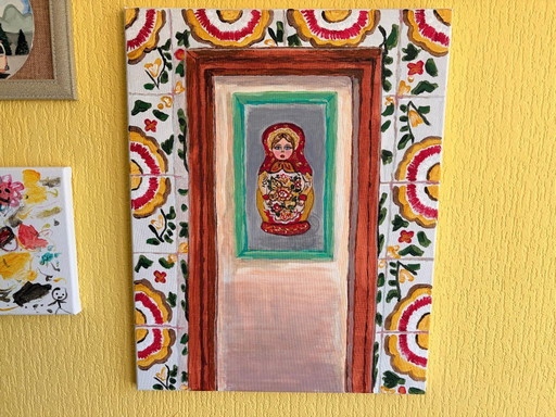 Uniek Handgeschilderd Matroesjka Doll Schilderij - 40x50 cm