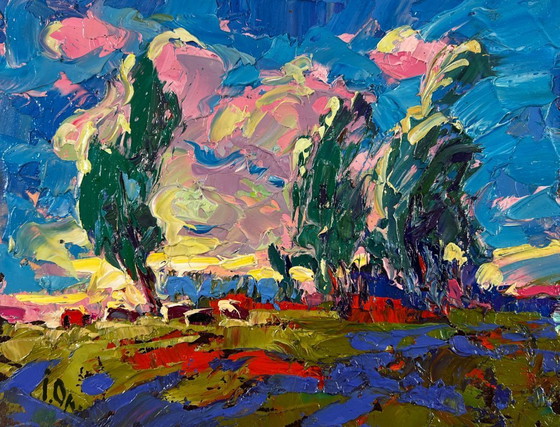 Image 1 of Original Oil Painting Evening Summer Landscape The whisper of the breeze in the fields