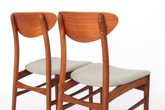 Image 1 of Vintage Danish Teak Dining Chairs, Set of 4, 1960s Scandinavian Mid Century Chairs, Newly Upholstered Light Grey Seats, Denmark