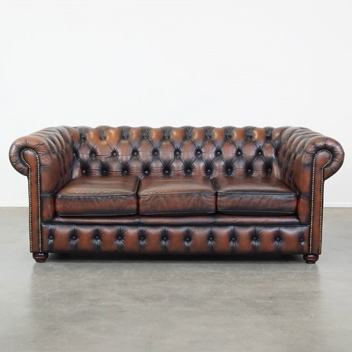 Canapé Chesterfield 2,5 places en cuir de vachette marron