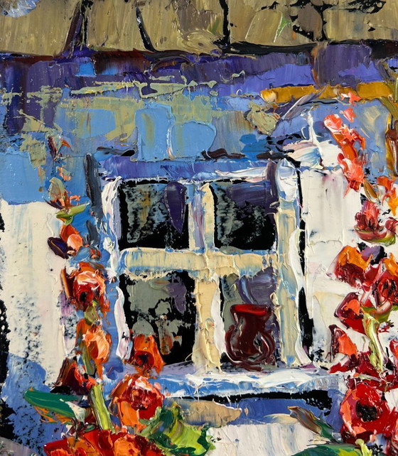 Image 1 of Original Oil Painting Summer Flowers Landscape Mallows are blooming near the house
