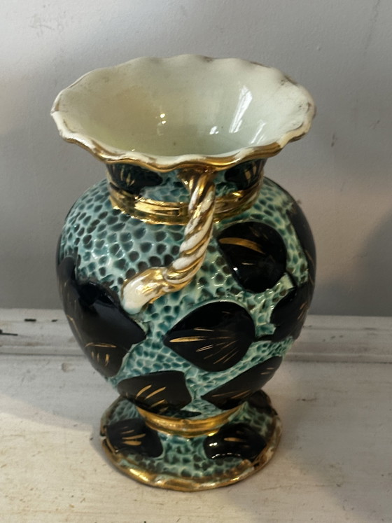 Pair of vintage Vallauris vases in turquoise ceramic, black flowers and gold trim (photo 6 of 9)