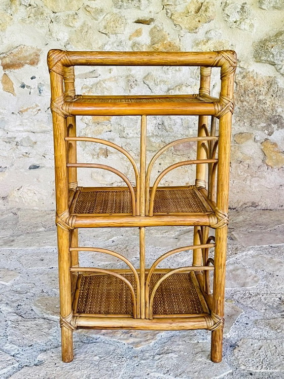 Image 1 of Vintage bamboe en rotan 3-laags plank, jaren 70