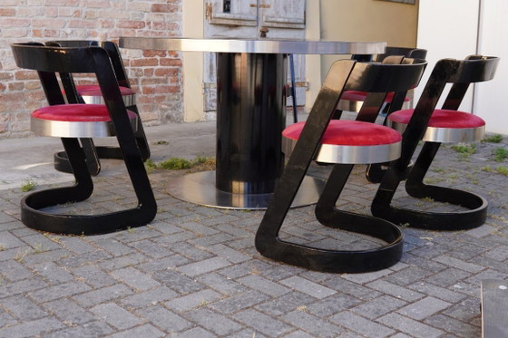 Willy Rizzo – Set van 6 eetkamerstoelen, Italië, jaren 70 – Mario Sabot, Metal, Wood (photo 6 of 7)