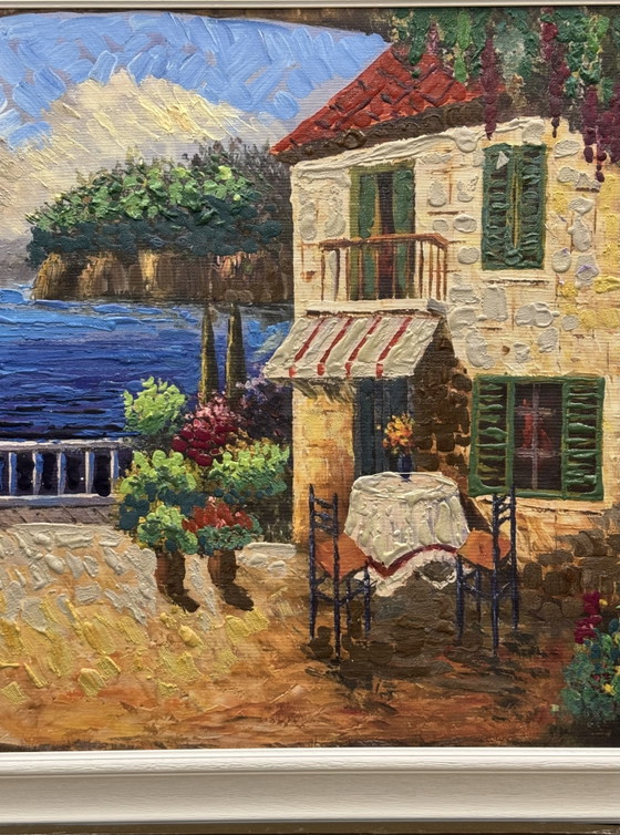 Mixed Media Painting on Retouched Canvas, Antonio Wallis 60x90cm, Seascape, Coastline in Frame (photo 4 of 6)