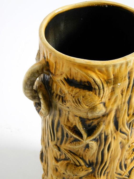 Image 1 of Beautiful large handmade glazed ceramic floor vase, handled vase with maritime fish and starfish motifs | Mid Century Modern