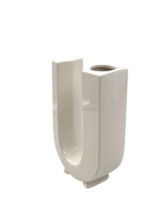 Image 1 of Space age white U letter shaped ceramic solifleur vase, Marcel Radureau ca. 1970