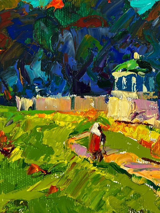 Image 1 of Peinture à l'huile originale, paysage rural, prairie, village, parc en forêt
