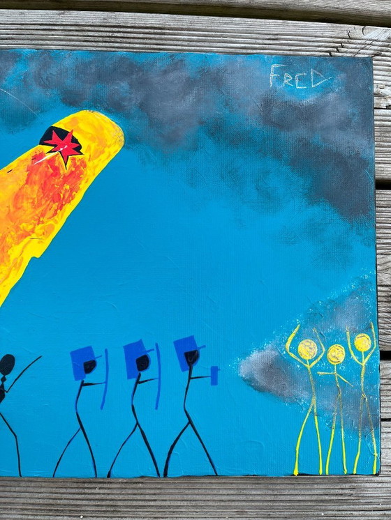 Image 1 of Acrylique sur châssis entoilé « Yellow Moai » Format 55x33cm. 