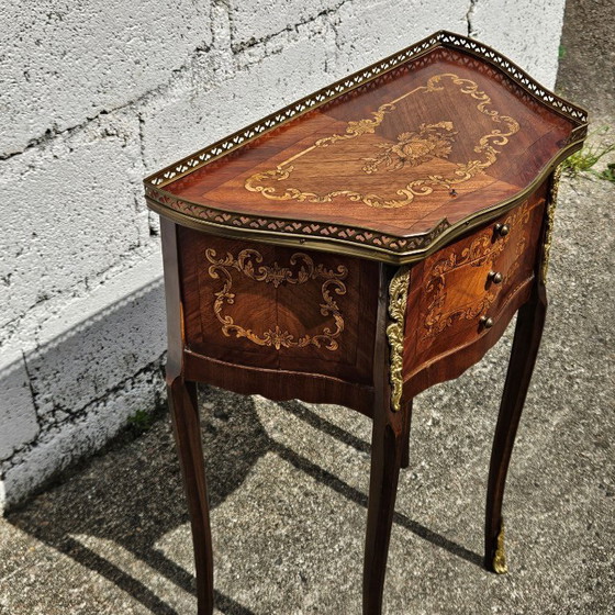 Image 1 of Chateau Ligny - French Antique Marquetry Nightstand - Fine Wood and Brass Console-Bedside Table-Style Louis XV- 1930s