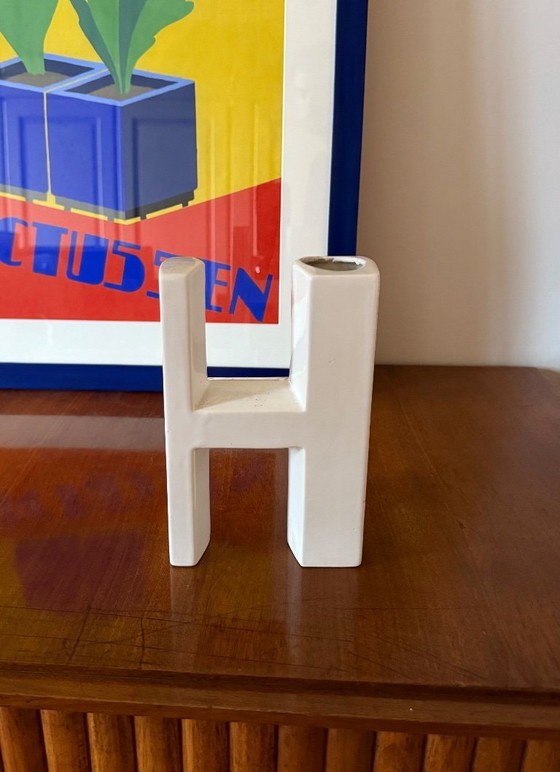 Image 1 of Space age white H letter shaped ceramic solifleur vase, Marcel Radureau ca. 1970