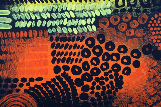 Image 1 of Orange, black and yellow abstract acrylic painting on stretched canvas