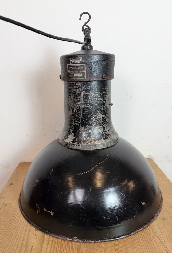 Image 1 of Large Industrial Factory Black Pendant Lamp with Cast Iron Top, 1950s