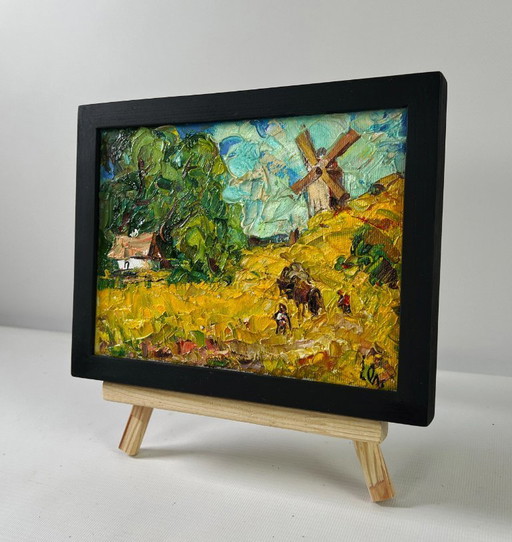 Original Oil Painting Summer House Landscape Noon in the village