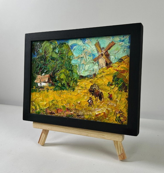 Image 1 of Origineel olieverfschilderij: Landschap met een zomerhuisje en de middag in het dorp