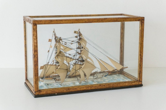 Image 1 of Antique Maritime Diorama - Handmade Boston Ship Model "Cherokee" in Display Case (ca. 1900)