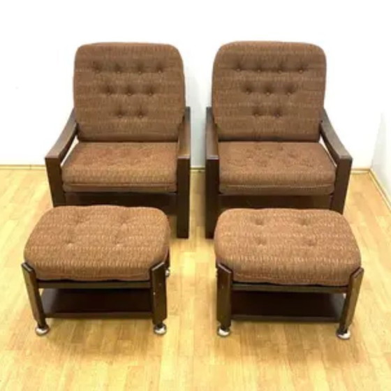 Image 1 of Retro fauteuils met voetenbankjes, Hikor, jaren 70