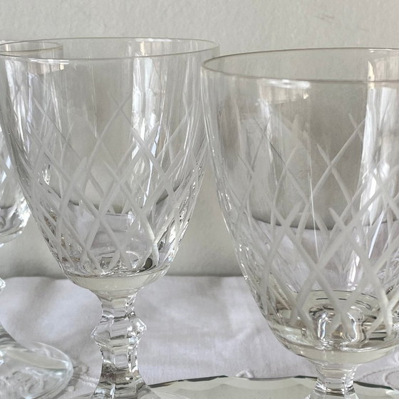 Image 1 of 6 Antique Engraved Glasses, Wine or Water Glasses