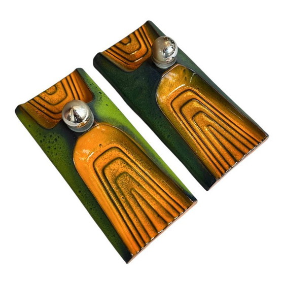 Image 1 of Vintage Set of Ceramic Wall Lamps Light Orange & Green Hustadt Leuchten, Germany 1960