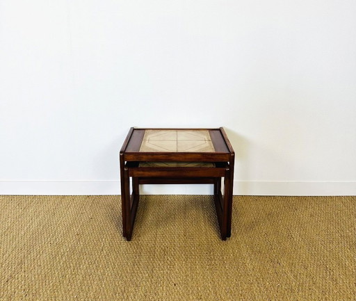 Pair of vintage nesting coffee tables in wood and ceramic, 1960
