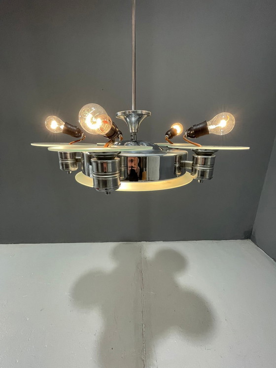 Image 1 of 1930s Art Deco Chrome Chandelier with Frosted Glass Disc Shades – Czech Vintage Lighting