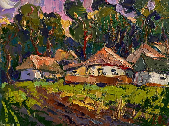 Image 1 of Originales Ölgemälde: Sommerhäuser, Landschaft am Dorfrand