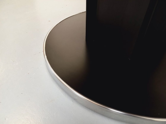 Image 1 of Table ronde de repas vintage en mélaminé esprit bois noir et métal chromé style Space Age / Diner des années 70 avec rallonge in