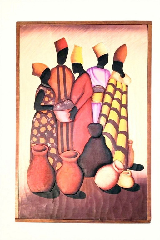 Cornice artigianale in rilievo africano vintage / 62 x 42 cm / anni '80