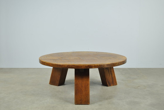 Image 1 of Brutalist Massive Oak Round Coffee Table 1970s