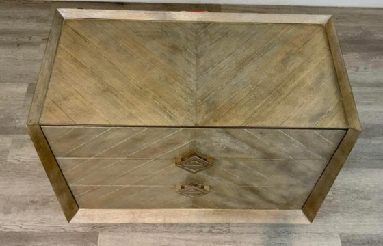 Image 1 of Caracole Organic Modern Nightstand in Greige Wood Finish, Designer Crisscross Bedside Table for Contemporary Bedrooms