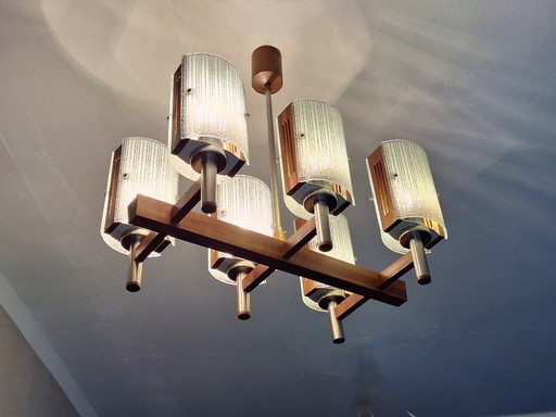 Brutalist Teak and art Glass Chandelier, Italy 1960s