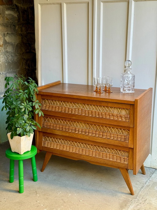 Commode scandinave en chêne et rotin des années 50/60