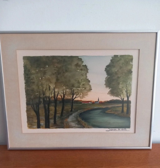 Flemish Watercolor "Summer Evening" - Walter Lamon - 1982 - Vintage Aluminum Frame